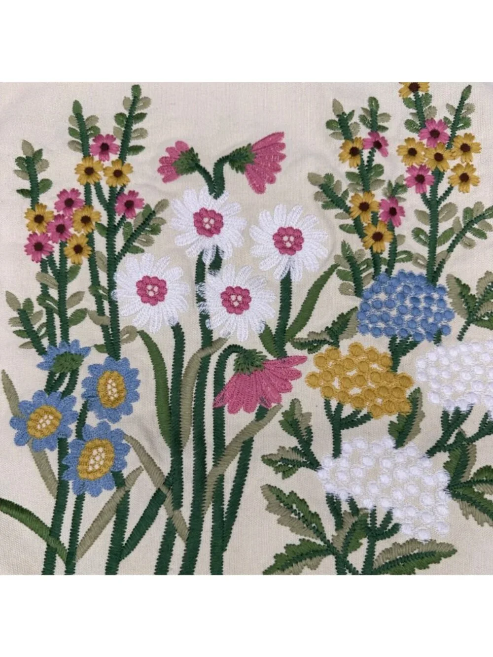 Floral Pillow Cover Embroidered Wildflowers Zipper Cream Green Pink Blue Flowers